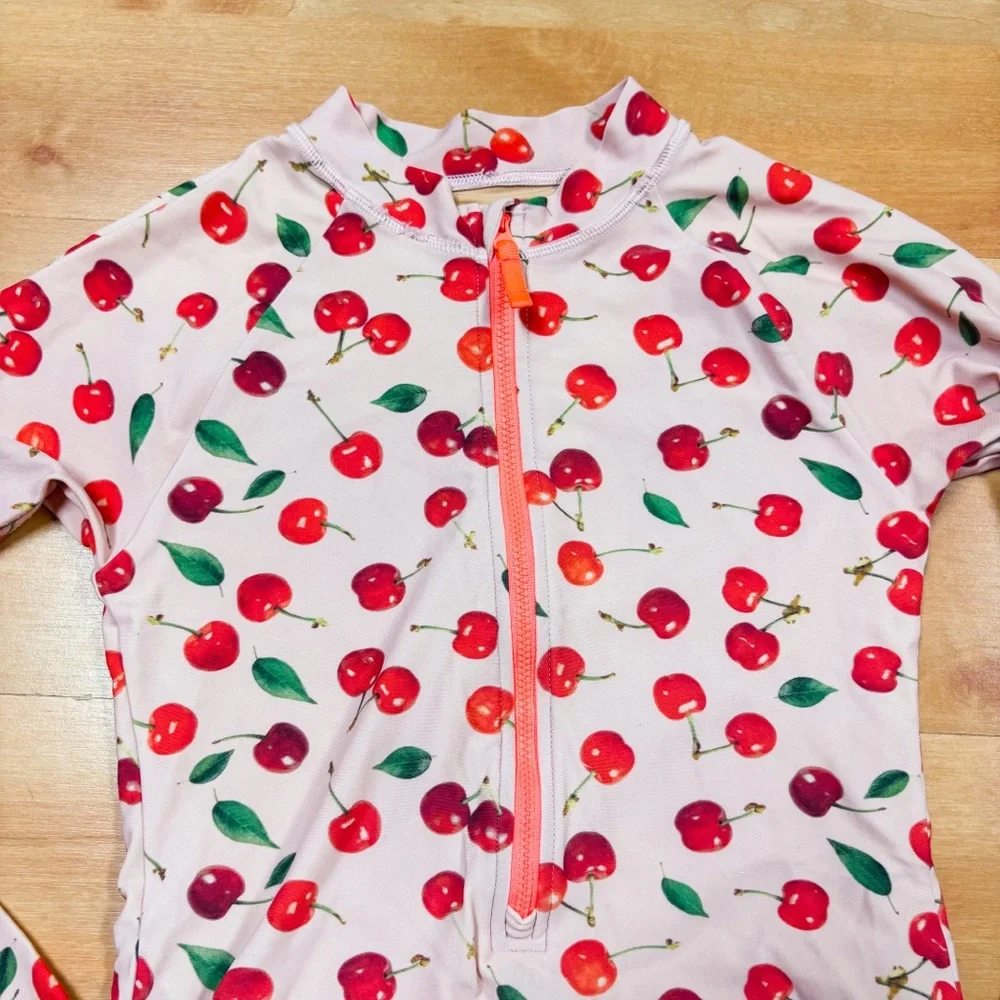 Crewcuts by J. Crew Pink & Red Long Sleeve Cherry Print Rashguard Swimsuit 12